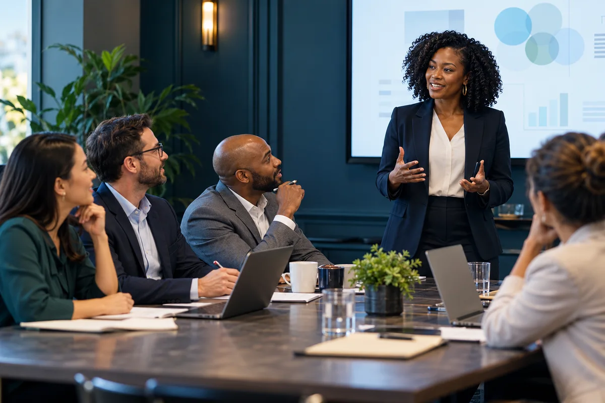Facilitator leading a team working session in a conference room